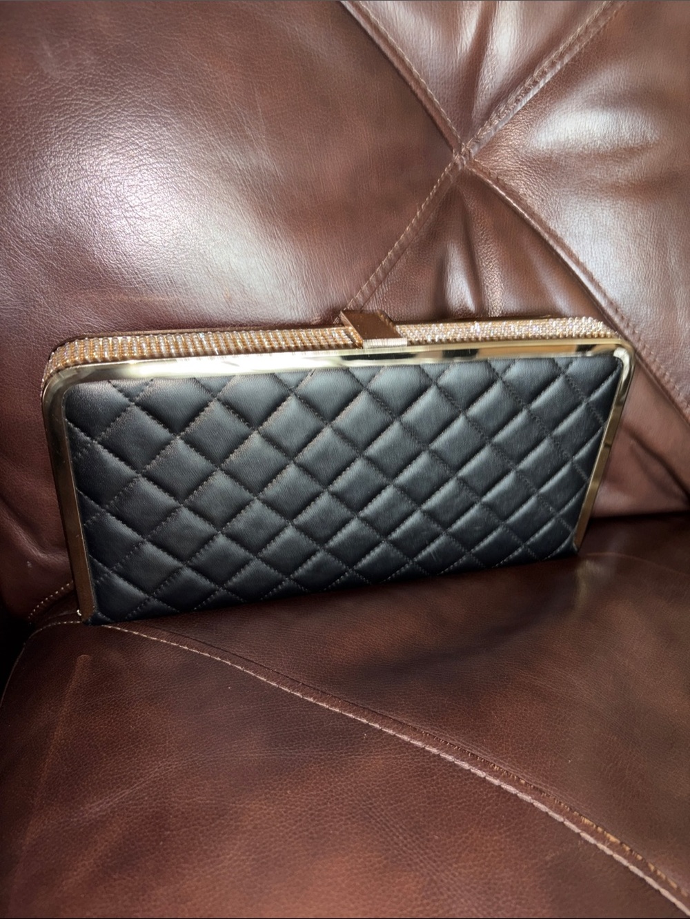 Quilted Black Women's Clutch with Gold and Rhinestone Trim